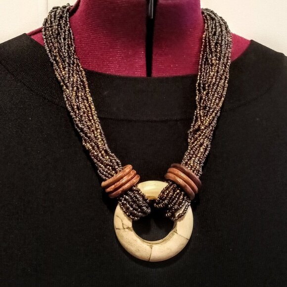 Multi-Strand Seed Bead Necklace Bone Pendant - Picture 1 of 3